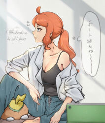 Rule 34 | 1girl, ahoge, barefoot, breasts, cleavage, collarbone, commentary request, creatures (company), echizen (n fns17), game freak, gen 8 pokemon, green eyes, green pants, grey jacket, highres, holding, holding pencil, jacket, long hair, looking to the side, nintendo, off shoulder, open clothes, open jacket, orange hair, pants, pencil, pokemon, pokemon (creature), pokemon swsh, ponytail, shirt, sitting, sleeveless, sleeveless shirt, sonia (pokemon), thought bubble, translation request, yamper