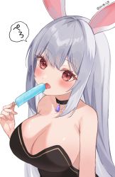 Rule 34 | 1girl, animal ears, bare shoulders, black choker, black leotard, breasts, choker, cleavage, commission, dungeon and fighter, food, grey hair, hand up, highres, holding, large breasts, leotard, licking, long hair, looking at viewer, open mouth, playboy bunny, popsicle, rabbit ears, red eyes, second-party source, shii88, solo, strapless, strapless leotard, tongue, tongue out, upper body