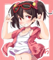 Rule 34 | 10s, 1girl, black hair, blush, bow, clenched teeth, collarbone, dated, double m/, eyewear on head, hair bow, highres, jacket, looking to the side, love live!, love live! school idol festival, love live! school idol project, m/, navel, nico nico nii, open clothes, open jacket, red bow, red eyes, red jacket, sen (sen0910), short hair, smile, solo, striped tank top, sunglasses, tank top, teeth, twintails, yazawa nico