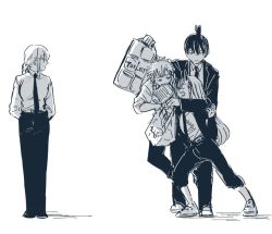 Rule 34 | 2boys, 2girls, annoyed, arguing, arms behind back, bag, biting, black jacket, black legwear, black neckwear, black pants, black suit, braid, braided ponytail, chainsaw man, collared shirt, denji (chainsaw man), english text, fang, fangs, formal, frown, hayakawa aki, height difference, high ponytail, horns, jacket, legs together, long hair, long sleeves, looking at another, makima (chainsaw man), matching outfits, medium hair, monochrome, multiple boys, multiple girls, necktie, nobi2jitarou, open mouth, pants, pants rolled up, power (chainsaw man), profile, shadow, sharp teeth, shirt, shopping bag, short hair, short ponytail, sidelocks, sketch, sleeves past elbows, sleeves rolled up, standing, suit, teeth, toilet paper, uniform, white background, white shirt