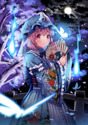 Rule 34 | 1girl, absurdres, arm garter, blush, bridge, bug, butterfly, cherry blossoms, cloud, cloudy sky, floral print, folding fan, frilled sleeves, frills, full moon, hair between eyes, hand fan, hat, highres, hitodama, holding, holding fan, insect, kapuchii, long sleeves, looking at viewer, mob cap, moon, night, night sky, obi, petals, pink eyes, pink hair, saigyouji yuyuko, sash, short hair, sky, solo, touhou, triangular headpiece, wide sleeves