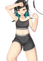 Rule 34 | 1girl, nanashi inc., alternate costume, arm up, armpits, black hair, black shorts, black sports bra, blue hair, blush, breasts, commentary request, demon girl, demon horns, fang, feet out of frame, highres, horns, kasumasu (tales75), long hair, looking at viewer, multicolored hair, navel, open mouth, pointy ears, red eyes, ring-con, ring fit adventure, shishio chris, shorts, simple background, small breasts, solo, sports bra, strap slip, sugar lyric, sweat, two-tone hair, virtual youtuber, white background