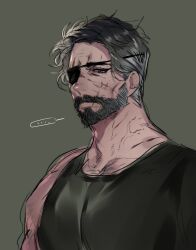 Rule 34 | ..., 1boy, afterglow, bara, bear shakra, beard, cheekbones, chest hair peek, eyepatch, facial hair, facial scar, feet out of frame, from side, full beard, gradient hair, grey hair, highres, male focus, mature male, multicolored hair, muscular, muscular male, old, old man, original, scar, scar on cheek, scar on face, solo, thick eyebrows, unfinished, upper body, wrinkled skin
