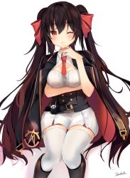 Rule 34 | 1girl, absurdres, arm under breasts, bad id, bad twitter id, belt, black hair, blush, boots, breasts, brown eyes, brown footwear, brown hair, buckle, buttons, cleavage cutout, closed mouth, clothing cutout, corset, double-breasted, finger to mouth, girls&#039; frontline, gloves, gradient hair, hair between eyes, hair ribbon, highres, jacket, jacket on shoulders, knee boots, long hair, looking at viewer, medium breasts, multicolored hair, necktie, one eye closed, pleated skirt, pouch, red necktie, ribbon, sashima, shirt, sidelocks, signature, simple background, sitting, skirt, sleeveless, sleeveless shirt, smile, solo, taut clothes, taut shirt, thighhighs, twintails, type 97 (girls&#039; frontline), underbust, very long hair, white shirt, white thighhighs