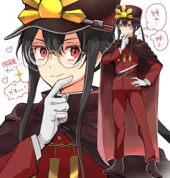 Rule 34 | 1boy, belt, black cape, black hair, black headwear, brown footwear, buttons, cape, family crest, fate/grand order, fate (series), fiery hair, full body, glasses, gloves, hat, jacket, jewelry, koha-ace, long hair, long sleeves, looking at viewer, multiple views, necklace, oda nobukatsu (fate), oda uri, pants, peaked cap, ponytail, red eyes, red jacket, red pants, sidelocks, smile, tekuteku aruko, thought bubble, translation request, very long hair, white gloves