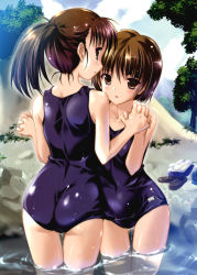 Rule 34 | 2girls, :o, absurdres, ass, brown eyes, brown hair, highres, holding hands, komatsu eiji, multiple girls, one-piece swimsuit, ponytail, scan, school swimsuit, shiny clothes, short hair, swimsuit, trefoil, wading, water, wet, wet clothes