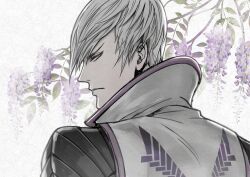 1boy flower from_behind frown highres ishida_mitsunari_(sengoku_basara) kaoru looking_at_viewer looking_back male_focus portrait purple_eyes sengoku_basara short_hair solo v-shaped_eyebrows white_background white_hair wisteria