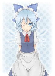 Rule 34 | 1girl, alternate costume, apron, arms behind back, blue eyes, blue hair, bow, cirno, enmaided, hair bow, maid, maid apron, maid headdress, matching hair/eyes, one eye closed, smile, solo, touhou, tray, wink