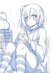 Rule 34 | 10s, 1girl, blue theme, blush, book, chair, cup, hair between eyes, hiraga matsuri, holding, holding cup, kneehighs, knees up, kosaka honoka, looking at viewer, love live!, love live! school idol project, monochrome, mug, one side up, open book, pursed lips, simple background, sitting, sketch, socks, solo, steam, striped clothes, striped socks, teapot