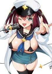 Rule 34 | 1girl, absurdres, akoya matama, aqua eyes, aqua hair, aqua skirt, bikini, black bikini, black sailor collar, black thighhighs, blue neckerchief, blush, breasts, brown hair, commentary request, covered erect nipples, cross, cross earrings, earrings, fang, fingernails, hair between eyes, hands up, hat, highres, holding, holding microphone, jacket, jewelry, large breasts, loco musica, long hair, long sleeves, looking at viewer, magical girl, mahou shoujo ni akogarete, micro bikini, microphone, nail polish, neckerchief, one eye closed, open clothes, open jacket, open mouth, peaked cap, puffy long sleeves, puffy sleeves, red nails, red pupils, sailor collar, simple background, skirt, solo, swimsuit, thighhighs, tomohiro kai, two side up, white background, white hat, white jacket