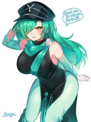 Rule 34 | 1girl, absurdres, arm behind head, arm up, artist name, black hat, blush, breasts, brown eyes, commission, green hair, hair over one eye, hat, highres, large breasts, long hair, looking at viewer, original, parted lips, second-party source, signature, simple background, skeb commission, smile, solo, speech bubble, suruga (xsurugax), white background
