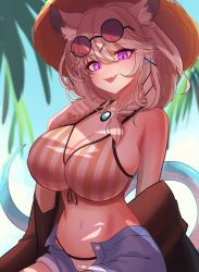 Rule 34 | 1girl, absurdres, animal ear fluff, animal ears, arknights, artist request, beach, bikini, braid, breasts, cat ears, cleavage, day, eyewear on head, fang, grey bikini, grey shorts, hat, highres, huge breasts, jewelry, light brown hair, magenta eyes, navel, necklace, official alternate costume, open clothes, open fly, open mouth, open shorts, outdoors, red-tinted eyewear, round eyewear, shino duka, short hair, short shorts, shorts, sitting, skin fang, smile, snake tail, solo, striped bikini, striped clothes, sun hat, sunglasses, swimsuit, swimsuit cover-up, tail, tinted eyewear, twin braids, utage (arknights), utage (summer flowers) (arknights), vertical-striped bikini, vertical-striped clothes