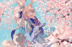 Rule 34 | ahoge, aokiku, black bow, black scarf, bow, candy apple, carrying, cherry blossoms, child, child carry, chinese commentary, fate/grand order, fate (series), flower, food, hair bow, haori, happy, highres, japanese clothes, kimono, looking at object, no eyes, okita souji (fate), okita souji (koha-ace), open mouth, piggyback, pink hair, scarf, shinsengumi, short hair, short kimono, shoulder carry, smile, solo focus, uniform, weibo watermark, yellow eyes