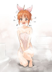 Rule 34 | !, !?, 10s, 1girl, ?, abe nana, ahoge, barefoot, bathroom, breasts, brown eyes, brown hair, cleavage, covering privates, d:, embarrassed, fpanda, full body, hair ribbon, highres, idolmaster, idolmaster cinderella girls, kneeling, looking at viewer, naked towel, nude cover, on one knee, open mouth, ribbon, signature, sketch, small breasts, solo, steam, surprised, towel, v arms, wavy mouth, white background