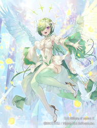 Rule 34 | 1girl, bird, breasts, bridal gauntlets, character request, cleavage cutout, clothing cutout, copyright notice, detached sleeves, dot nose, dress, feathered wings, gloves, gradient legwear, green hair, green thighhighs, hair over one eye, halo, high heels, highres, knees together feet apart, long sleeves, looking at viewer, medium breasts, natsuiro xx, official art, one eye covered, open mouth, outstretched arms, puffy long sleeves, puffy sleeves, purple eyes, sleeveless, sleeveless dress, smile, solo, teeth, thighhighs, thighs, upper teeth only, watermark, white dress, white gloves, white thighhighs, white wings, wings, z/x