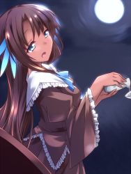 Rule 34 | 1girl, alcohol, black hair, blue neckwear, blush, bottle, breasts, brown dress, cup, dark-skinned female, dark skin, dress, frilled dress, frilled shirt collar, frilled sleeves, frills, full moon, grey eyes, hair ornament, hemogurobin a1c, kikuri (touhou), long hair, looking at another, moon, open mouth, sakazuki, sake, sake bottle, smile, solo, touhou, touhou (pc-98), wide sleeves