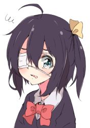 Rule 34 | 1girl, ahoge, black hair, black sweater, blue eyes, blush, bow, chuunibyou demo koi ga shitai!, collared shirt, dress shirt, enelis, eyepatch, hair bow, looking at viewer, medical eyepatch, one side up, parted lips, red bow, school uniform, shirt, simple background, solo, squiggle, sweater, takanashi rikka, upper body, wavy mouth, white background, white shirt, yellow bow