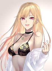 Rule 34 | 1girl, absurdres, arm up, bare shoulders, bikini, bikini top only, black bikini, black choker, blonde hair, breasts, choker, cleavage, clothes pull, collarbone, eye piercing, highres, jewelry, kitagawa marin, light blush, long hair, long sleeves, looking at viewer, medium breasts, navel, necklace, open clothes, open mouth, open shirt, print bikini, purple eyes, shirt, shirt pull, simple background, smile, solo, sono bisque doll wa koi wo suru, suprii, swimsuit, upper body, white shirt