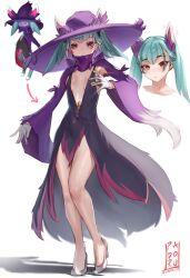Rule 34 | 1girl, absurdres, animal ears, aqua hair, arrow (symbol), black dress, breasts, dress, fox ears, full body, gloves, hat, high heels, highres, humanization, katress (palworld), padoruu, palworld, pink eyes, plunging neckline, purple headwear, purple sleeves, reference inset, small breasts, standing, twintails, white gloves, wide sleeves, witch hat