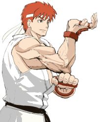Rule 34 | 1boy, dougi, fighting stance, male focus, muscular, red hair, ryu (street fighter), short hair, simple background, sleeveless, solo, street fighter, street fighter i, white background