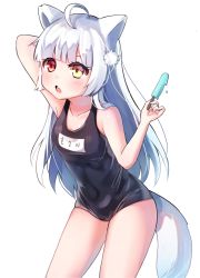 Rule 34 | 1girl, absurdres, ahoge, animal ears, arm behind head, arm up, armpits, bad id, bad twitter id, cat ears, cat tail, commentary request, food, heterochromia, highres, korean commentary, kosobin, leaning forward, long hair, one-piece swimsuit, open mouth, original, popsicle, school swimsuit, silver hair, simple background, solo, swimsuit, tail, white background