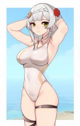 Rule 34 | 1girl, alternate breast size, armpits, arms behind head, arms up, bare arms, bare shoulders, blue sky, braid, breasts, cloud, commentary request, competition swimsuit, covered navel, day, eyebrows hidden by hair, flower, genshin impact, green eyes, grey hair, hair flower, hair ornament, highres, inniyik, large breasts, noelle (genshin impact), ocean, one-piece swimsuit, red flower, red rose, rose, skindentation, sky, solo, standing, swimsuit, water, white one-piece swimsuit