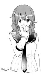 Rule 34 | 10s, 1girl, braid, breasts, covering own mouth, gloves, greyscale, hair between eyes, hikawa79, kantai collection, long hair, looking at viewer, medium breasts, monochrome, necktie, noshiro (kancolle), sailor collar, sailor shirt, shirt, sidelocks, sketch, sleeveless, sleeveless shirt, solo, twin braids, twitter username, white background