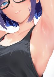 Rule 34 | 1girl, a-chan (hololive), alternate costume, armpit focus, armpits, arms up, black-framed eyewear, black tank top, blue eyes, blue hair, breasts, cohi27151463, collarbone, dot nose, facing viewer, glasses, highres, hololive, lips, meme, parted lips, semi-rimless eyewear, short hair, sideboob, small breasts, solo, stomach, tank top, upper body, virtual youtuber