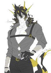 Rule 34 | 1boy, absurdres, arknights, belt, black gloves, black pants, dragon boy, dragon horns, fins, fish tail, furry, furry male, gloves, grey shirt, highres, horns, lee (arknights), long hair, looking to the side, m inseokmin, male focus, multicolored hair, pants, pointy ears, shirt, solo, tail