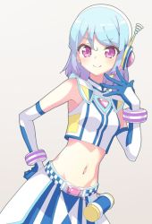 Rule 34 | 1girl, aikatsu! (series), aikatsu friends!, aikatsu on parade!, arm up, armpit crease, bare shoulders, blue hair, commentary request, crop top, elbow gloves, gloves, gradient hair, grey background, groin, hair between eyes, hand on own hip, headphones, looking at viewer, microphone, midriff, minato mio, multicolored hair, navel, nokita (pinmisil), purple eyes, purple hair, short hair, simple background, skirt, sleeveless, smile, solo, stomach, upper body, wrist cuffs