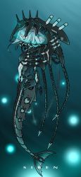 Rule 34 | 1girl, 310o sugar, android, blue eyes, blue hair, breasts, colored skin, half-closed eyes, highres, joints, medium hair, mermaid, monster girl, original, respirator, robot joints, see-through, small breasts, solo, underwater, white skin