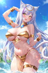 Rule 34 | 1girl, animal ear fluff, animal ears, arm up, armlet, bare shoulders, bikini, blush, breasts, cat ears, cat girl, cat tail, commentary request, earrings, gold bikini, highres, jewelry, kamishiro kurea, large breasts, long hair, looking at viewer, multicolored hair, nail polish, navel, open mouth, otogi resurrection, outdoors, partially submerged, pelvic curtain, see-through, smile, solo, stomach, streaked hair, studiopokotan, swimsuit, tail, thighlet, thighs, underboob, virtual youtuber, water, wet, white hair, yellow eyes