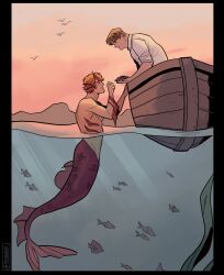 Rule 34 | 2boys, artist name, boat, brown hair, closed eyes, closed mouth, fins, fish, foggy nelson, food, full body, gills, groin, hands up, head fins, highres, holding, horns, looking at another, male focus, marvel, matt murdock, melonnabar, merman, monster boy, monsterification, mountainous horizon, multiple boys, orange hair, outdoors, partially submerged, pink sky, red scales, scales, short hair, simple bird, skin-covered horns, sky, smile, sunset, twitter username, water, watercraft