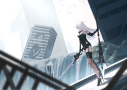 Rule 34 | 1girl, android, bare shoulders, black gloves, black thighhighs, blue eyes, breasts, building, dual wielding, elbow gloves, gloves, highres, holding, holding polearm, holding weapon, housenail1, joints, long hair, medium breasts, nier (series), nier:automata, polearm, robot joints, ruins, shorts, solo, spear, thighhighs, weapon, white hair, a2 (nier:automata)