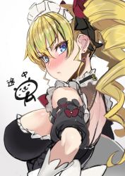 Rule 34 | 1girl, alternate costume, blonde hair, blue eyes, blush, breasts, claire harvey, drill hair, earrings, enmaided, frown, hair between eyes, hundred (light novel), jewelry, large breasts, long hair, looking at viewer, looking back, maid, ookuma nekosuke, simple background, solo, twintails, upper body, white background
