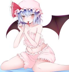 Rule 34 | 1girl, bare arms, bare legs, bare shoulders, bat wings, bed sheet, black wings, bloomers, blue hair, blush, breasts, buta (uhoiiotoko), camisole, cleavage, collarbone, commentary request, finger to mouth, fingernails, frilled ribbon, frills, groin, hair between eyes, half-closed eyes, hands up, hat, hat ribbon, highres, licking, licking finger, long fingernails, mob cap, nail polish, navel, one-hour drawing challenge, pink hat, pointy ears, red eyes, red nails, red ribbon, remilia scarlet, ribbon, short hair, simple background, sitting, small breasts, solo, spaghetti strap, spread wings, stomach, strap slip, tongue, tongue out, touhou, underwear, wariza, white background, wings
