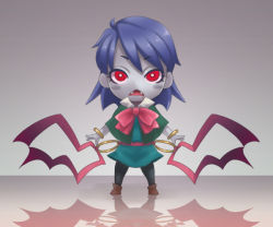 Rule 34 | 1girl, bad id, bad pixiv id, blood, blue hair, blush stickers, boots, bracelet, carrie fernandez, castlevania (series), castlevania: legacy of darkness, chibi, eyelashes, fangs, jewelry, looking at viewer, open mouth, pantyhose, red eyes, reflection, ribbon, solo, standing, stupa13a, triangle mouth, vampire