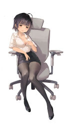 Rule 34 | 1girl, absurdres, ahoge, badao zhu ge, black footwear, black hair, black pantyhose, black skirt, blunt bangs, blush, breasts, brown hair, chair, cleavage, clothes pull, collared shirt, crotch seam, full body, hand up, head tilt, highres, hot, large breasts, leaning to the side, looking at viewer, medium breasts, office chair, office lady, original, panties, pantyhose, pantyshot, partially unbuttoned, pencil skirt, shirt, shirt pull, shirt tucked in, shoes, short hair, short sleeves, sitting, skirt, solo, sweat, swivel chair, underwear, white background, white shirt