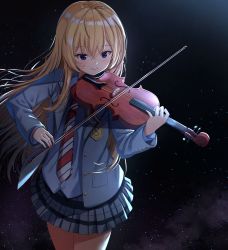 Rule 34 | 1girl, absurdres, blazer, blonde hair, blue eyes, blue jacket, blue shirt, blush, bow (music), commentary request, dark background, from above, grey skirt, hair between eyes, hands up, highres, holding, holding instrument, holding violin, instrument, jacket, long hair, long sleeves, miyazono kawori, music, necktie, playing instrument, pleated skirt, revision, school uniform, shigatsu wa kimi no uso, shirt, skirt, sleeves past wrists, smile, solo, striped necktie, striped neckwear, violin, xue lu