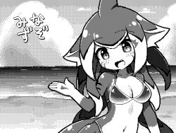 Rule 34 | 1girl, beach, bikini, blush, breasts, colored skin, dithering, dorsal fin, facial mark, fang, fins, fish girl, greyscale, head fins, horizon, medium breasts, monochrome, monster girl, multicolored skin, navel, ocean, open mouth, original, outdoors, pixel art, rmtwo, slit pupils, solo, swimsuit, two-tone skin