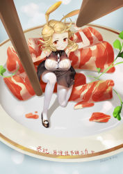 Rule 34 | 1girl, 2016, animal ears, arm support, artist name, black bow, black bowtie, black footwear, black skirt, blocking, blocking way, blonde hair, bow, bowtie, breasts, chopsticks, closed mouth, dated, food, from above, frown, full body, in food, large breasts, luzia, mary janes, meat, mini person, minigirl, on one knee, orange eyes, original, plate, rabbit ears, shirt, shoes, sitting, skirt, sleeveless, sleeveless shirt, solo, thighhighs, white thighhighs