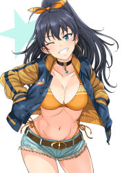 Rule 34 | 1girl, bikini, bikini under clothes, black hair, blue eyes, blue shorts, breasts, cleavage, collarbone, commentary, cowboy shot, cutoffs, earrings, ganaha hibiki, grin, hair between eyes, halterneck, hands in pockets, high ponytail, highres, hoop earrings, idolmaster, idolmaster (classic), jacket, jewelry, long hair, long sleeves, looking at viewer, medium breasts, navel, one eye closed, open clothes, open jacket, orange bikini, short shorts, shorts, side-tie bikini bottom, smile, solo, star (symbol), starry background, stomach, string bikini, swimsuit, thighs, tsurui, white background, zipper, zipper pull tab