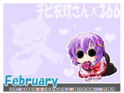 Rule 34 | 1girl, all fours, blush stickers, bow, calendar, candy, chibi, chocolate, chocolate heart, female focus, food, food in mouth, hair ornament, hat, heart, highres, ichimi, mouth hold, nagae iku, oni, purple hair, setsubun, short hair, solid circle eyes, solo, touhou