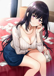 Rule 34 | 1girl, bed, black hair, blush, breasts, cleavage, closed mouth, collarbone, curtains, furrowed brow, highres, jewelry, large breasts, long hair, long sleeves, looking at viewer, money, necklace, nishizawa, official art, on bed, original, pillow, purple eyes, sidelocks, sitting, skirt, smile, solo, sweater, thighs