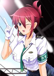 Rule 34 | 10s, 1girl, armband, blue eyes, breasts, diesel-turbo, folded ponytail, gloves, large breasts, necktie, one eye closed, rail wars!, red hair, sakurai aoi, skirt, solo, uniform, white gloves