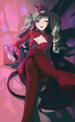 Rule 34 | 1girl, absurdres, blue eyes, bodysuit, boots, breasts, cat mask, catsuit, cleavage, crossed legs, gloves, highres, holding, holding whip, ikky, long hair, lying, mask, mask on head, medium breasts, on back, one eye closed, persona, persona 5, pink gloves, red bodysuit, red footwear, red mask, solo, swept bangs, takamaki anne, thigh boots, tongue, tongue out, twintails, whip