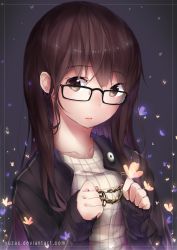 Rule 34 | 1girl, artist name, border, bracelet, brown eyes, brown hair, bug, butterfly, glasses, highres, bug, jacket, jewelry, looking at viewer, original, parted lips, solo, upper body, yuzas