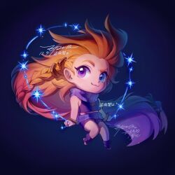 Rule 34 | 1girl, :3, bare shoulders, bracelet, braid, chibi, dated, full body, highres, jewelry, league of legends, long hair, multicolored hair, orange hair, purple eyes, scarf, shirt, shoes, shorts, side braid, single braid, solo, sparkle, translation request, very long hair, zoe (league of legends), ztdlb