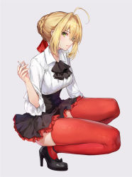 Rule 34 | 1girl, ahoge, ascot, black ascot, black footwear, black skirt, blonde hair, breasts, cigarette, collared shirt, commentary, eyes visible through hair, fate/grand order, fate (series), from side, full body, green eyes, hair between eyes, hair intakes, high-waist skirt, high heels, highres, holding, holding cigarette, kuza brs, large breasts, looking at viewer, nero claudius (fate), nero claudius (fate) (all), parted lips, red thighhighs, shirt, short hair, sideways glance, simple background, skirt, solo, squatting, thighhighs, white shirt