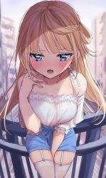 Rule 34 | 1girl, aoba miu, balcony, between legs, blonde hair, blouse, blue eyes, blue nails, blue shorts, blush, breasts, building, chigusa minori, clothing cutout, collarbone, commentary request, garter straps, hand between legs, hand on own chest, long hair, looking at viewer, medium breasts, mole, mole on shoulder, mole on thigh, nail polish, open mouth, original, railing, see-through, see-through sleeves, shirt, short shorts, shorts, shoulder cutout, skindentation, solo, thighhighs, thighs, white shirt, white thighhighs